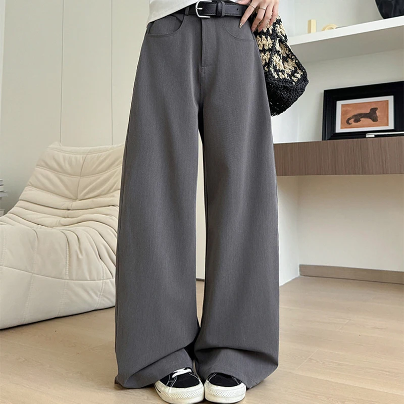 

Ameirican Dark-Gray Suit Pants Woman Autumn Spring Office High Waist Wide Leg Pants for Women Casual Pockets Trousers Ladies