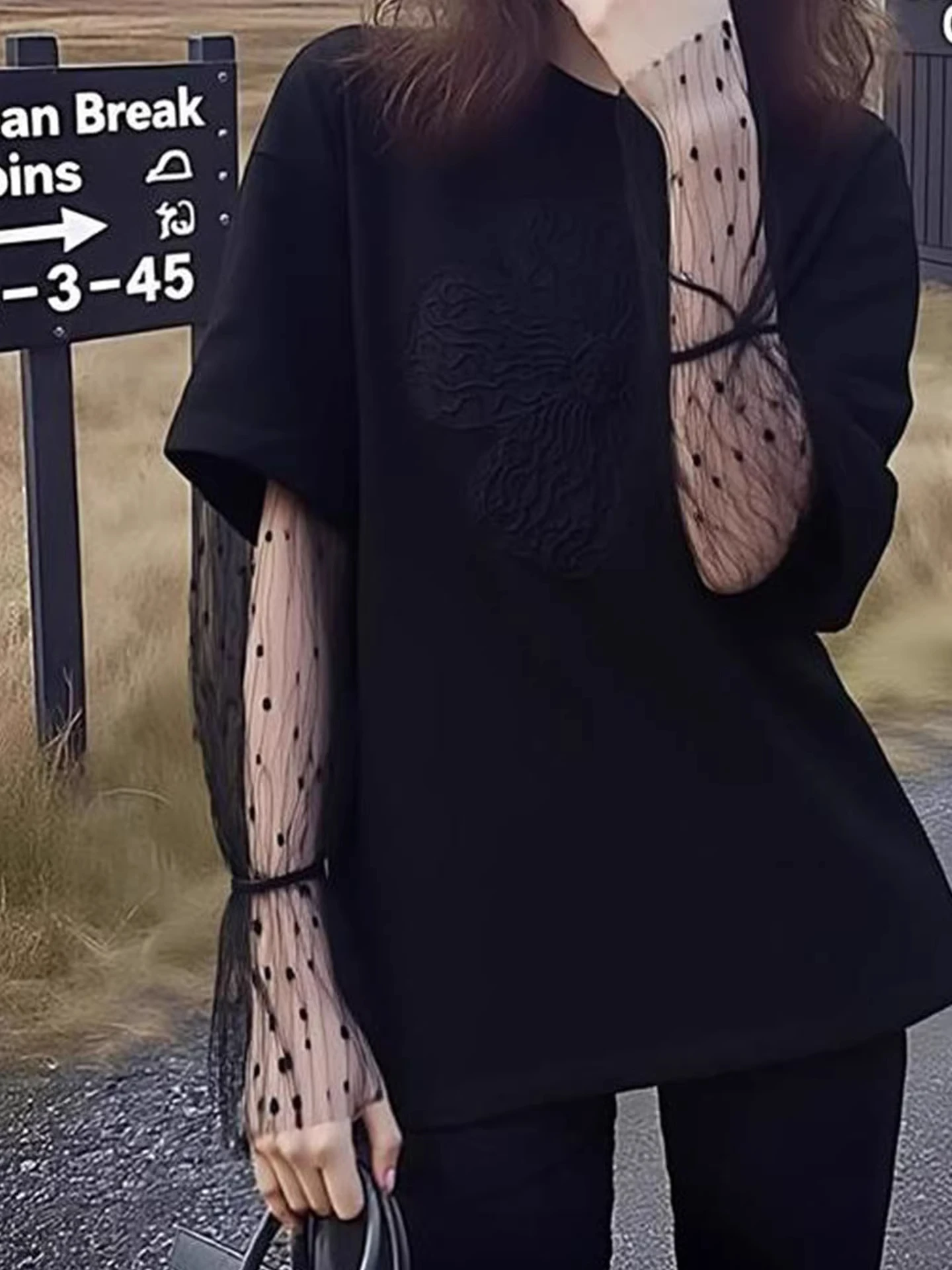 Elegant Lace Splice Long Sleeve T-Shirt Loose Fit Slimming Lazy Style Spring Fashionable Top Korean Version Straight Tube