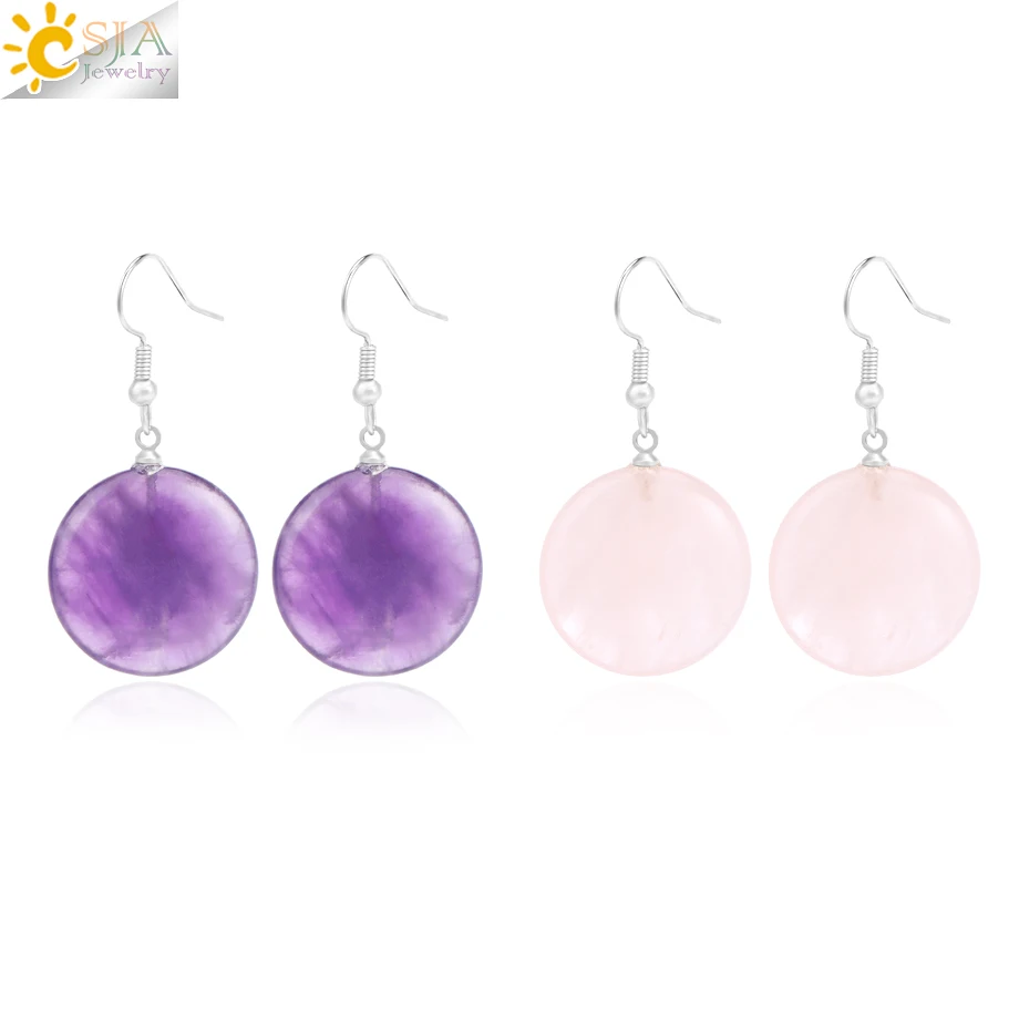 CSJA Korean Drop Earrings for Women Natural Stone Round Pendant Pink Quartz Crystals Hook Earring 2023 Trending Jewelry T063
