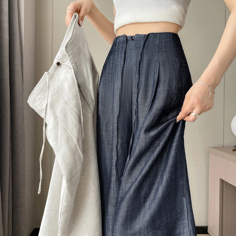 

Новые женские летние брюки в китайском стиле с высокой талией, широкими штанинами, из льна, струящиеся, повседневные, прямые, длинные, дышащие, тонкие