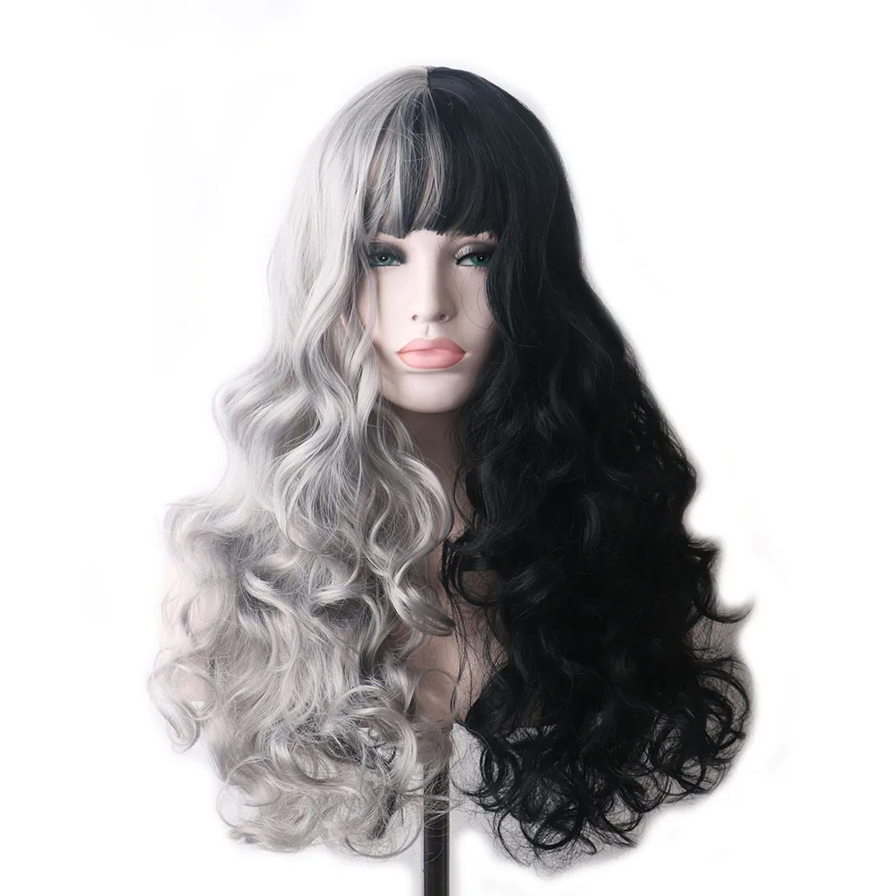 

Universal COS long curly hair wave color matching black gray wig bangs female full head chemical fiber high temperature silk