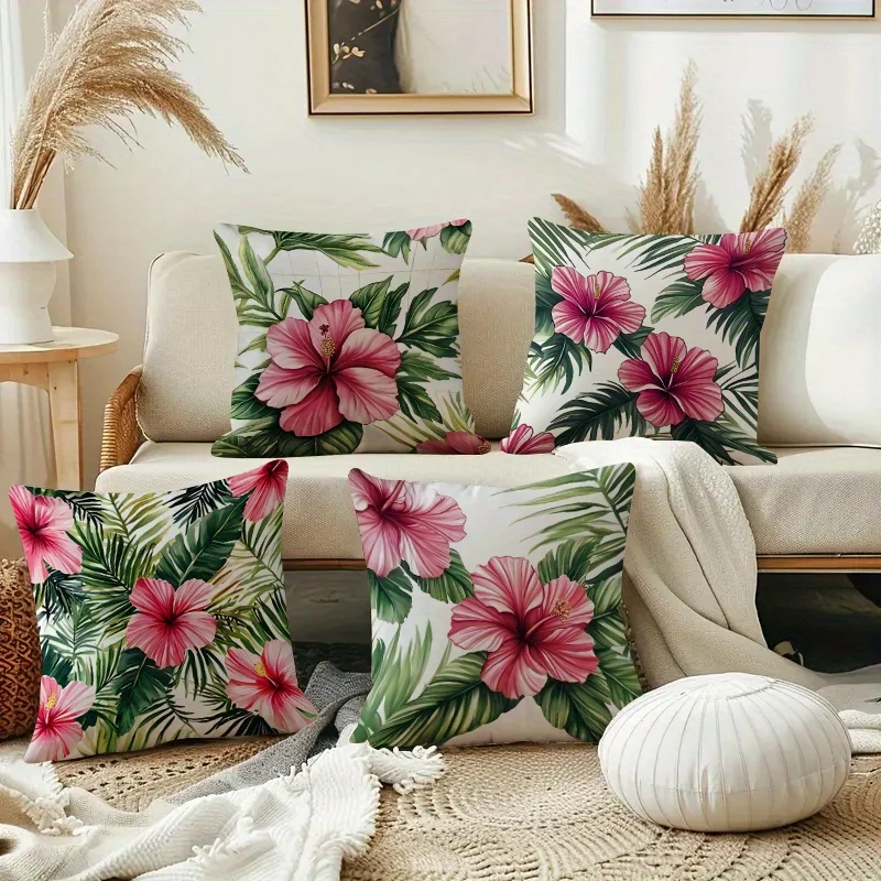 4 Stück tropische Blumen-Kissenbezüge, 45 x 45 cm, doppelseitig bedruckt, Hibiskusblatt-Kissenbezüge, florale Heimdekoration, Dekokissen, Nr