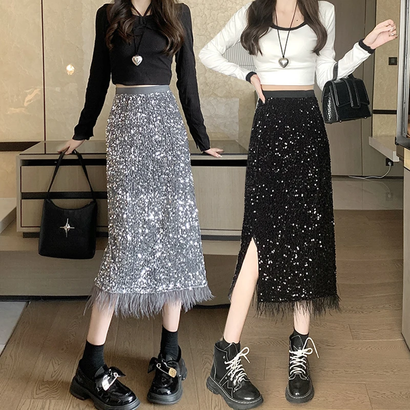 

Circyy Tassel Sequins Skirt Women 2023 Fall New High Waisted Feathers A-Line Skirts Office Ladies Elegant Solid Shiny Long Skirt