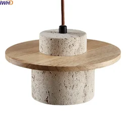 IWHD Japanese Style LED Hanging Lamp Yellow Travertine Restaurant Bedroom Living Room Pendant Lights Fixtures Home Decoration