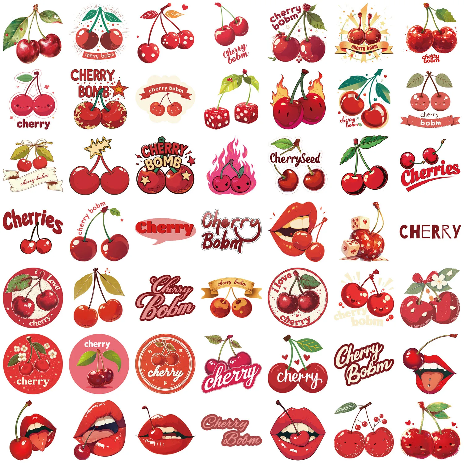 50PCS Red Cherry Graffiti Stickers For Notebook Water Cup Suitcase Guitar Scrapbook Waterproof PVC Classic Decal Decorate