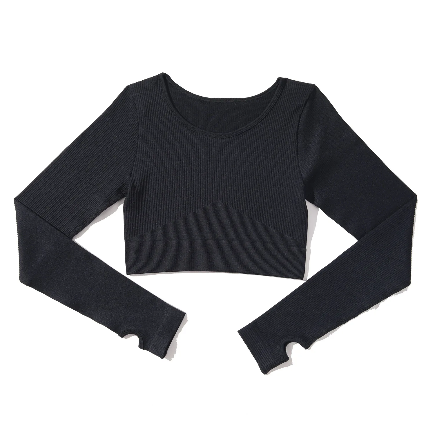 

1 seamless knitted yoga suit from Europe and America women's threaded round neck long sleeved sports and fitness top