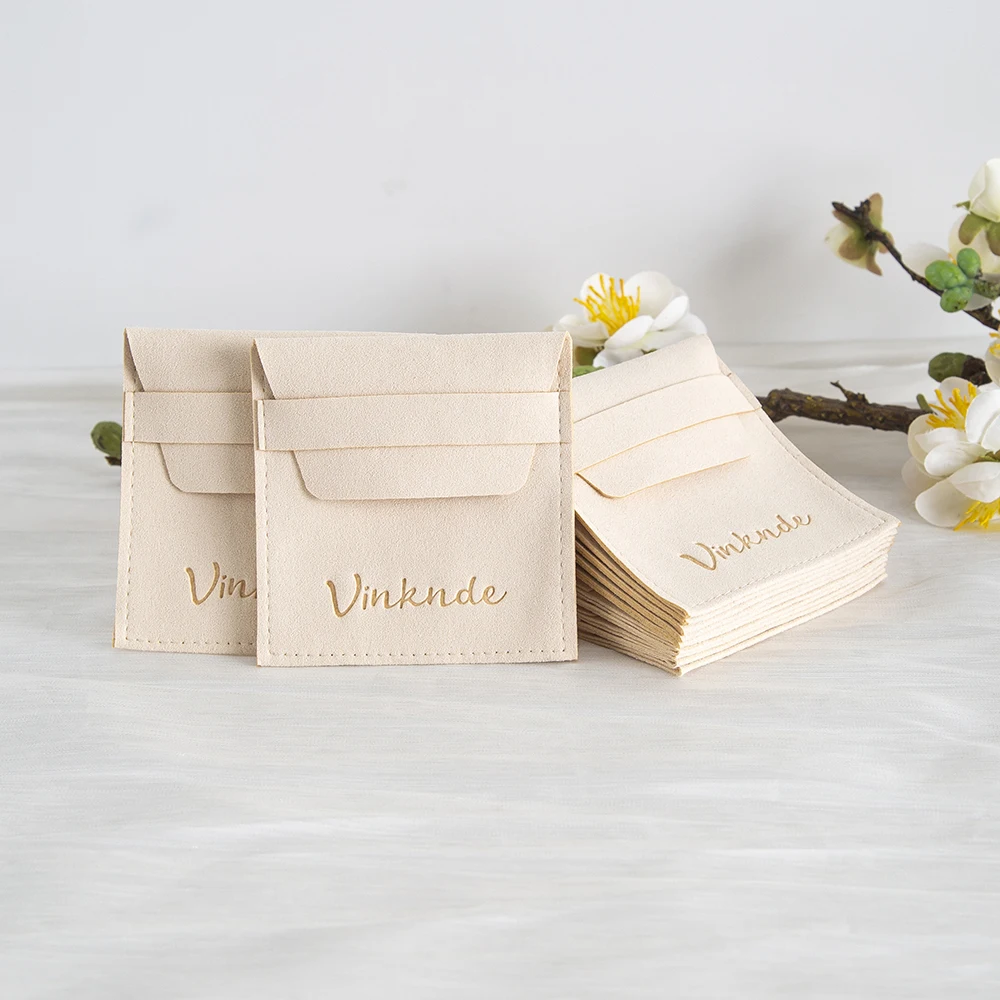 

100PC Custom Cream Jewelry Velvet Gift Bag Microfiber Envelope Flap Pouch Cosmetic Earrings Ring Stud Pendant Necklace Organizer