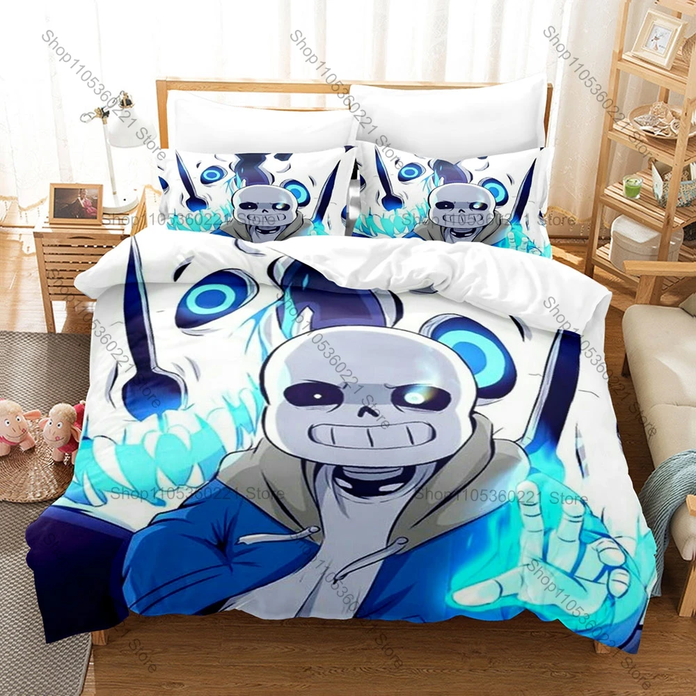 Undertale Sans Bedding Set 3Pcs 3D Printed Anime Duvet Cover Set Soft Microfiber Bed Set for Kids Teens Adult Bedroom Decor