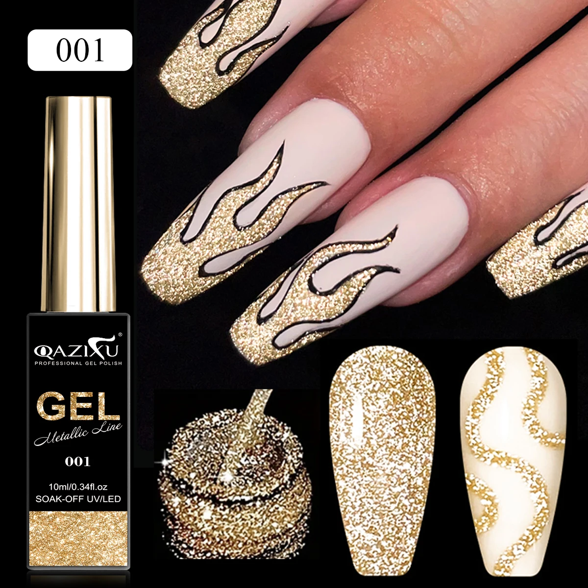 QAZIXU 1/2pcs Reflective Glitter Liner Gel Nail Polish Set Golden Silver Painting Gel Semi Permanent Graffiti Stripe Nail Art