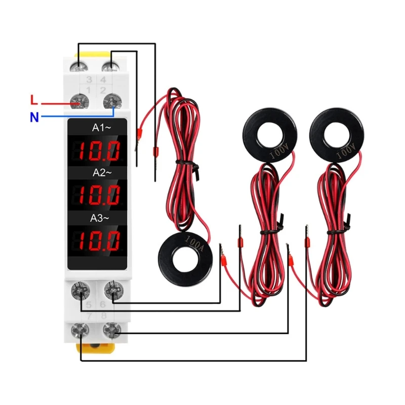 Din Mount 3 Phase Ampere Meter Current Meter Gauges AC80V~500V 1~100A LED Digital Display Ammeter