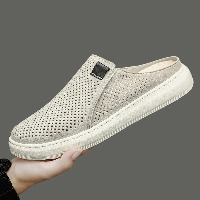 New Men Shoes Breathable Microporous Genuine Leather Casual Slippers Street Cool Slip-on Loafers Leather Sandals