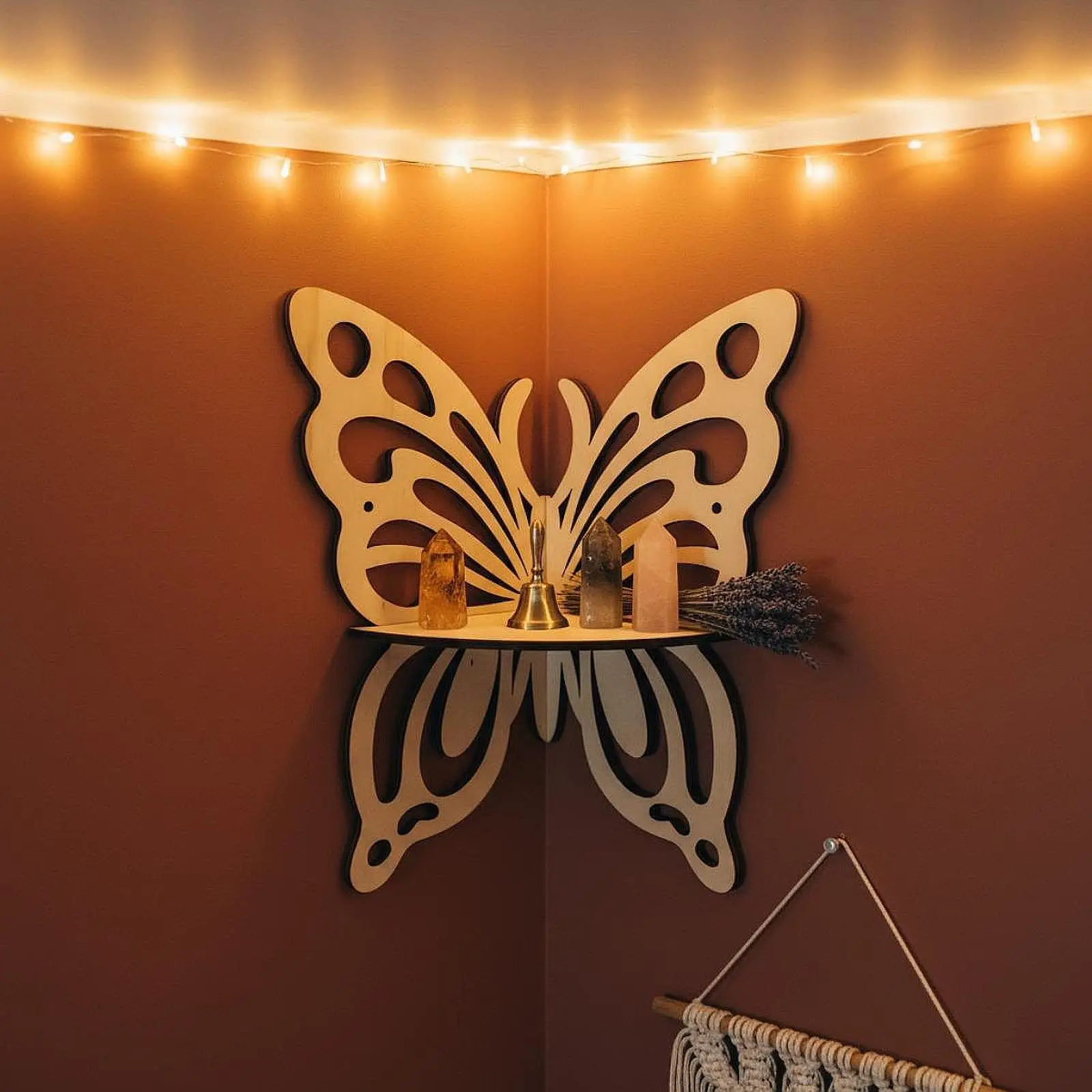 Wooden Corner Wall Shelf Butterfly Design Floating Organizer for Room Shelf and Home Decoration