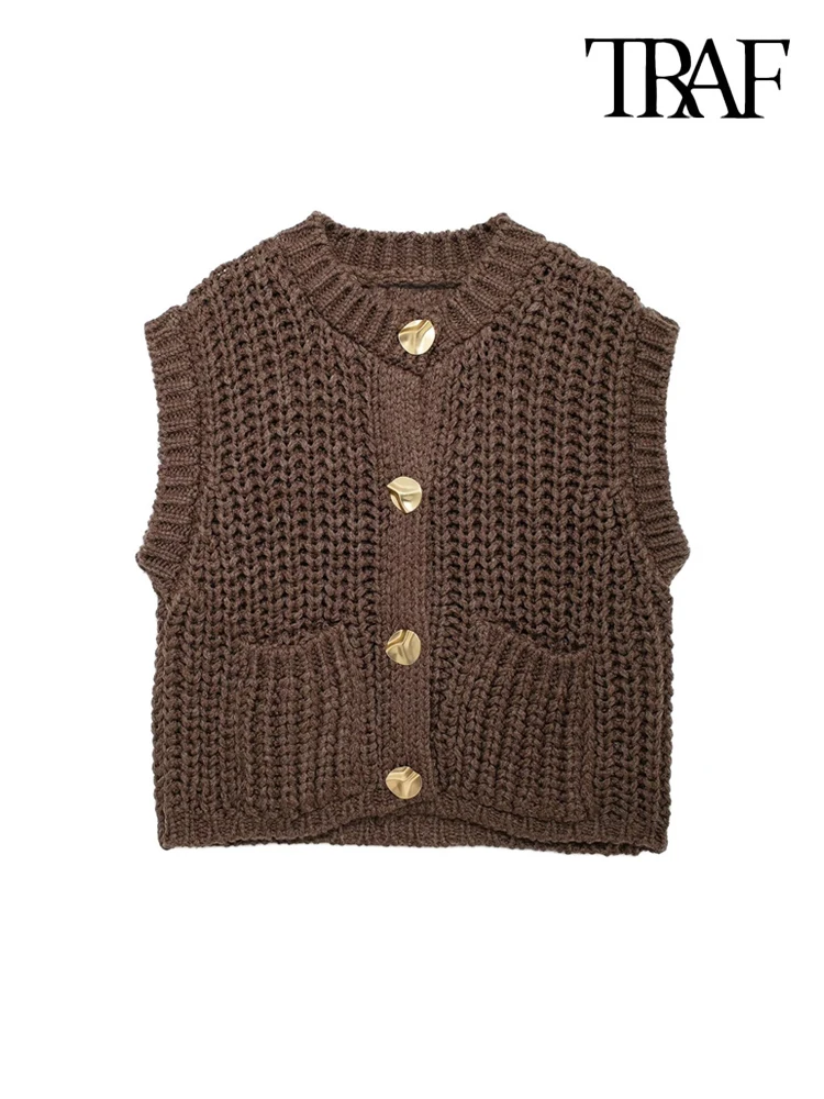 TRAF-Women's Gold Button Front Pockets Knit Vest Sweater, O Neck, Sleeveless, Female Waistcoat, Chic Tops, Fashion