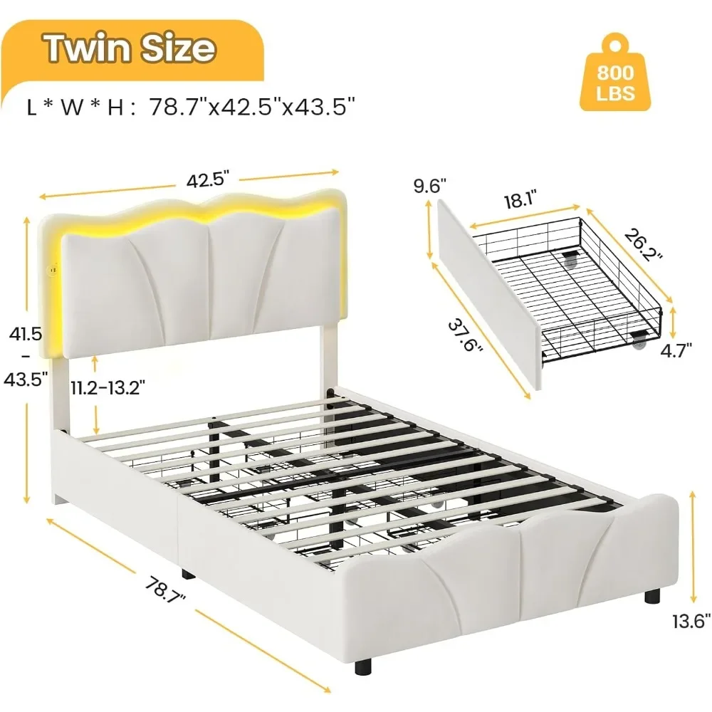 Tweepersoonsbedframe met 4 lades, gestoffeerd LED-bedframe met verstelbaar hoofdeinde met bloemen, platformbedframe twin-size