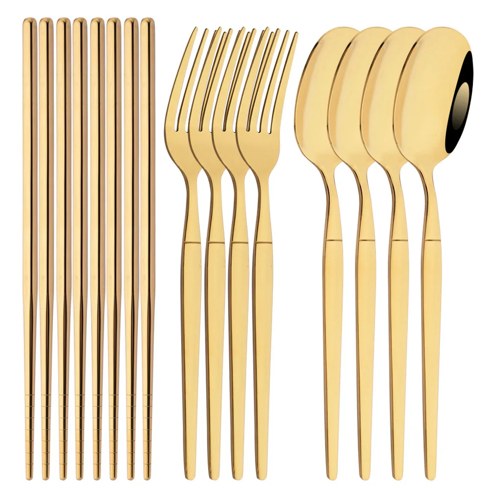 Juego de vajilla coreana dorada, 12 Uds., cubiertos con espejo de lujo, vajilla de acero inoxidable, tenedor, cuchara, palillos