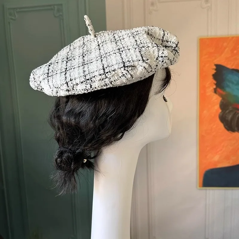 Women's  Style Beret Hat Gingham Check White Elegant Painter Cap for Face Slimming Effect