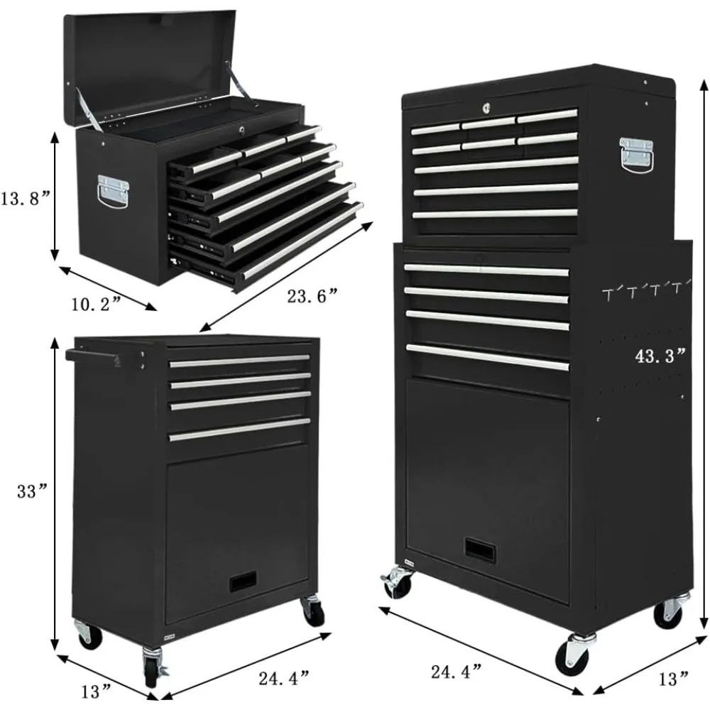 خزانة أدوات دوارة ذات 13 درجًا مع عجلات، صناديق أدوات دوارة قابلة للفصل 2 في 1، خزانة أدوات متنقلة مع أدراج،