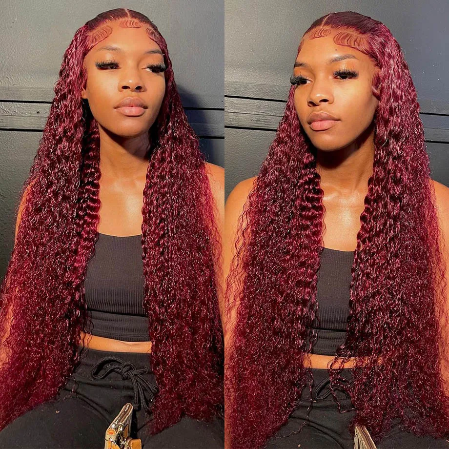 Red Colored Water Wave Wig 13x4 Burgundy Lace Front Wig Glueless Curly Deep Wave 13x6  Lace Frontal Wigs Human Hair For Women