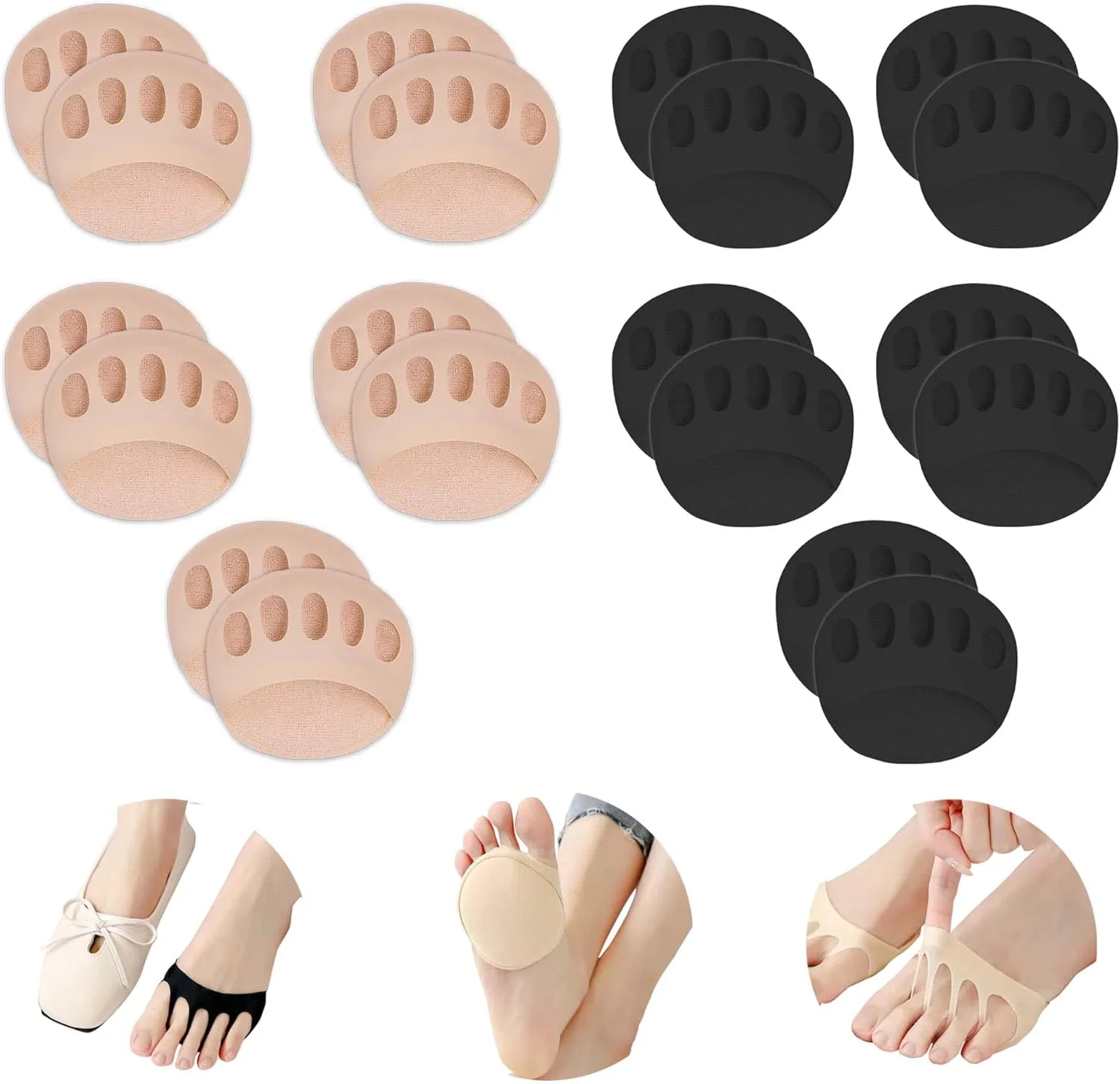 5/10Pairs Ball of Foot Cushions Honeycomb Fabric Metatarsal Pads Invisible Socks Pads for Women and Men Reusable Forefoot Pads