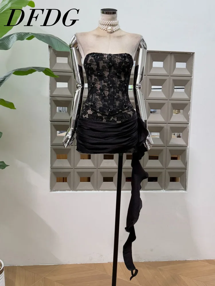 

DFDG Women’s 2025 Spring Summer Tie-Front Corset Set Heavy Embroidery Lace Bustier Skirt With Bow Ribbon Fishtail Design Set