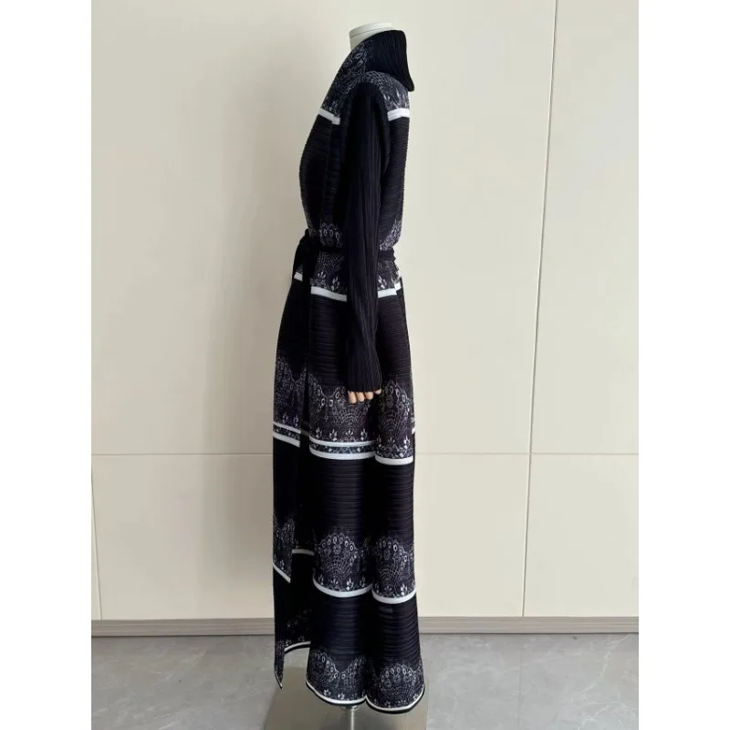 Miyake Pleated Long Coat Muslim Abaya Fashion Women Loose Black Printed Cardigan Full Sleeve Tie Robe