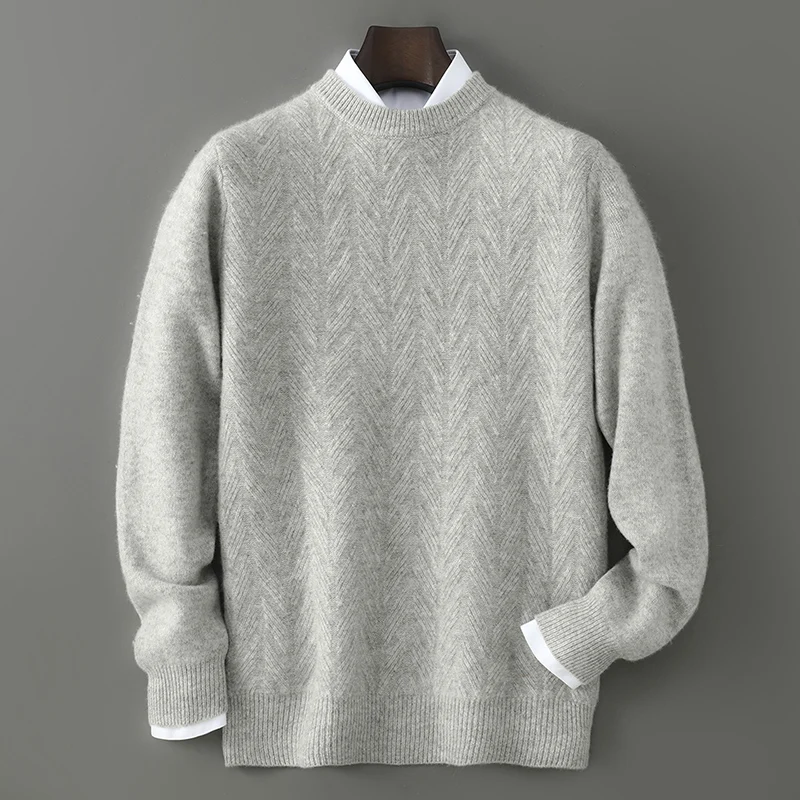 

O-Neck Cable Stitch Pullover Autumn Winter Men's 100% Merino Wool Knitted Sweater Smart Casual Tops Soft Warm Fashion Clothing
