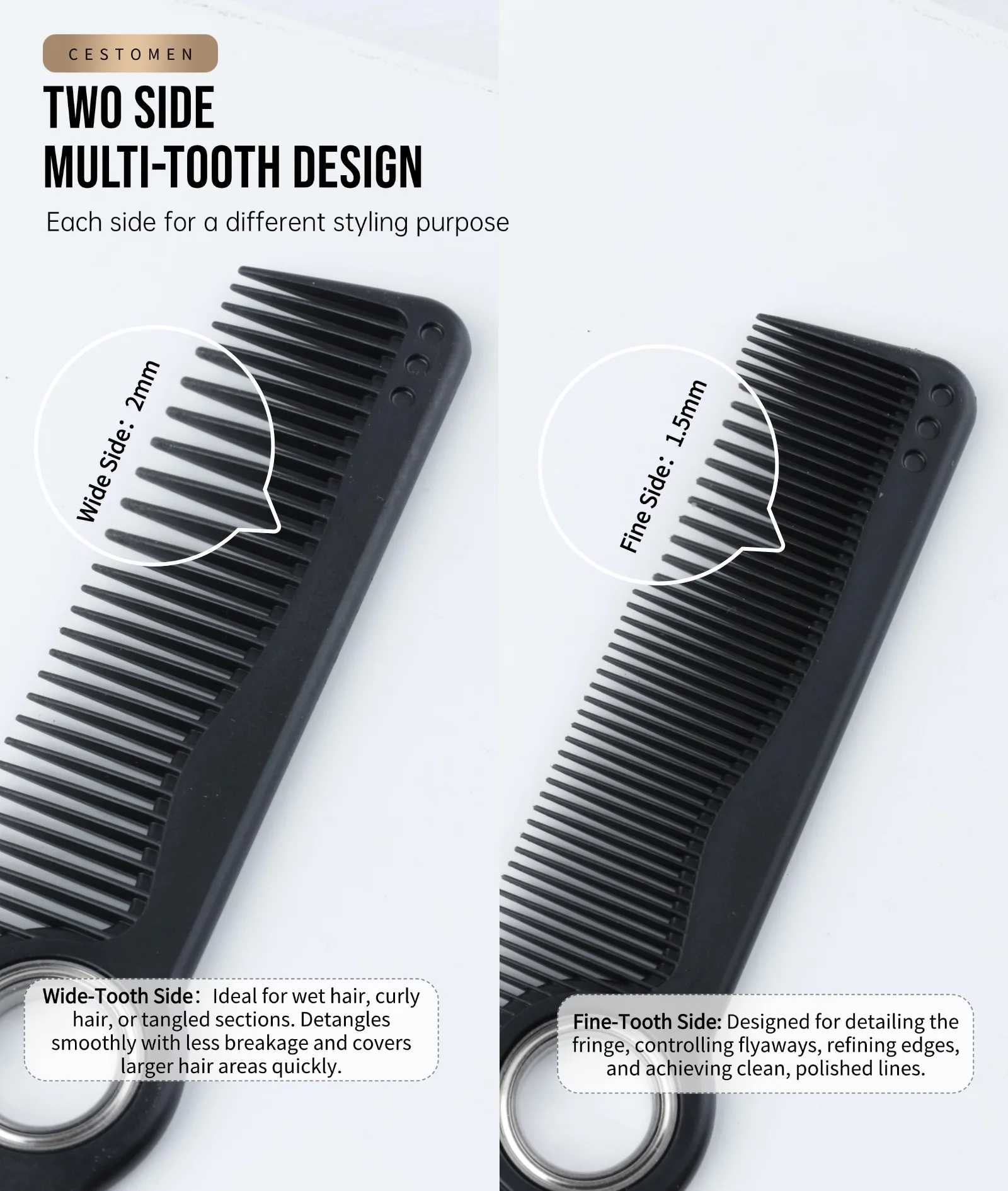 3-teiliges neues Profi-Friseurwerkzeug-Set, drehbare Doppelzahn-Haarschneidekämme, rotierende Mini-Fade-Haarbürste, antistatischer Taper-Kamm zum Stylen – Detail 7