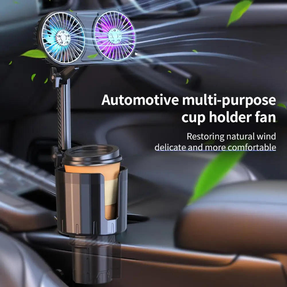 Car Fan 360-degree Rotating Car Water Cup Holder with Fan Colorful Lights Expandable Base Design for Bottles Cups Multi-joint