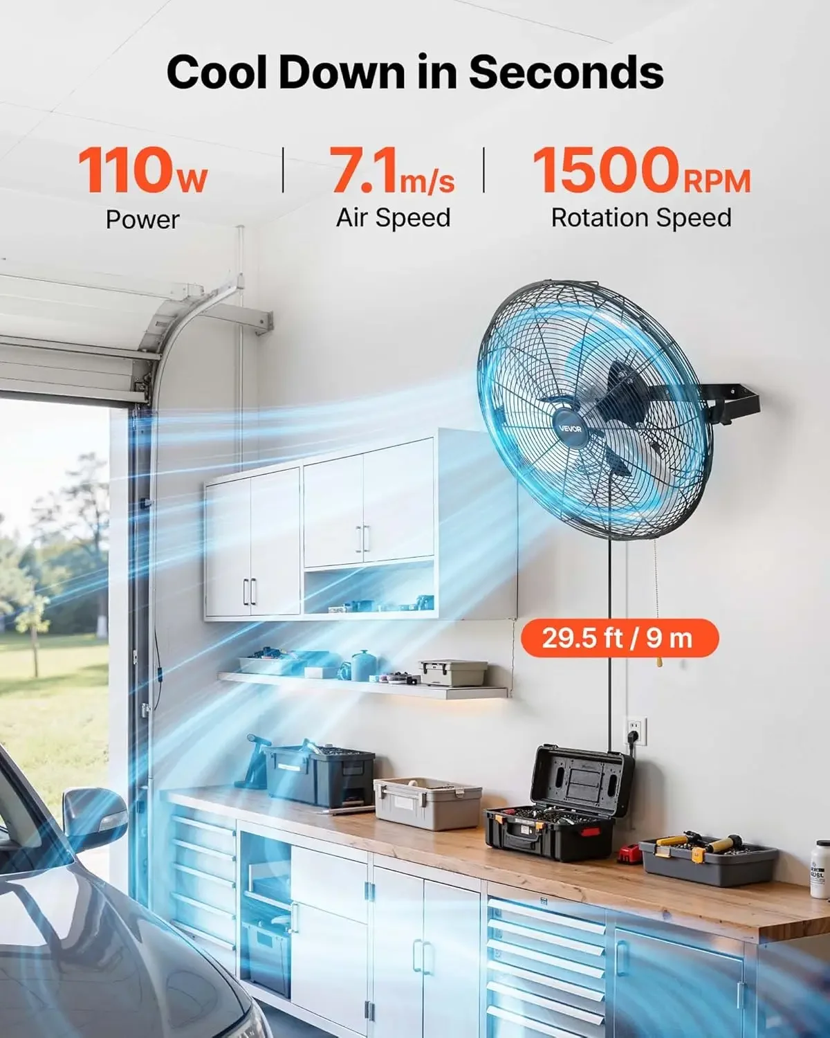Wall Mount Fan, 18 in Wall Mounted Hanging Fan, 3-Speed, Long Airflow Distance, Adjustable Rotation Angle, Mechanical Control, P