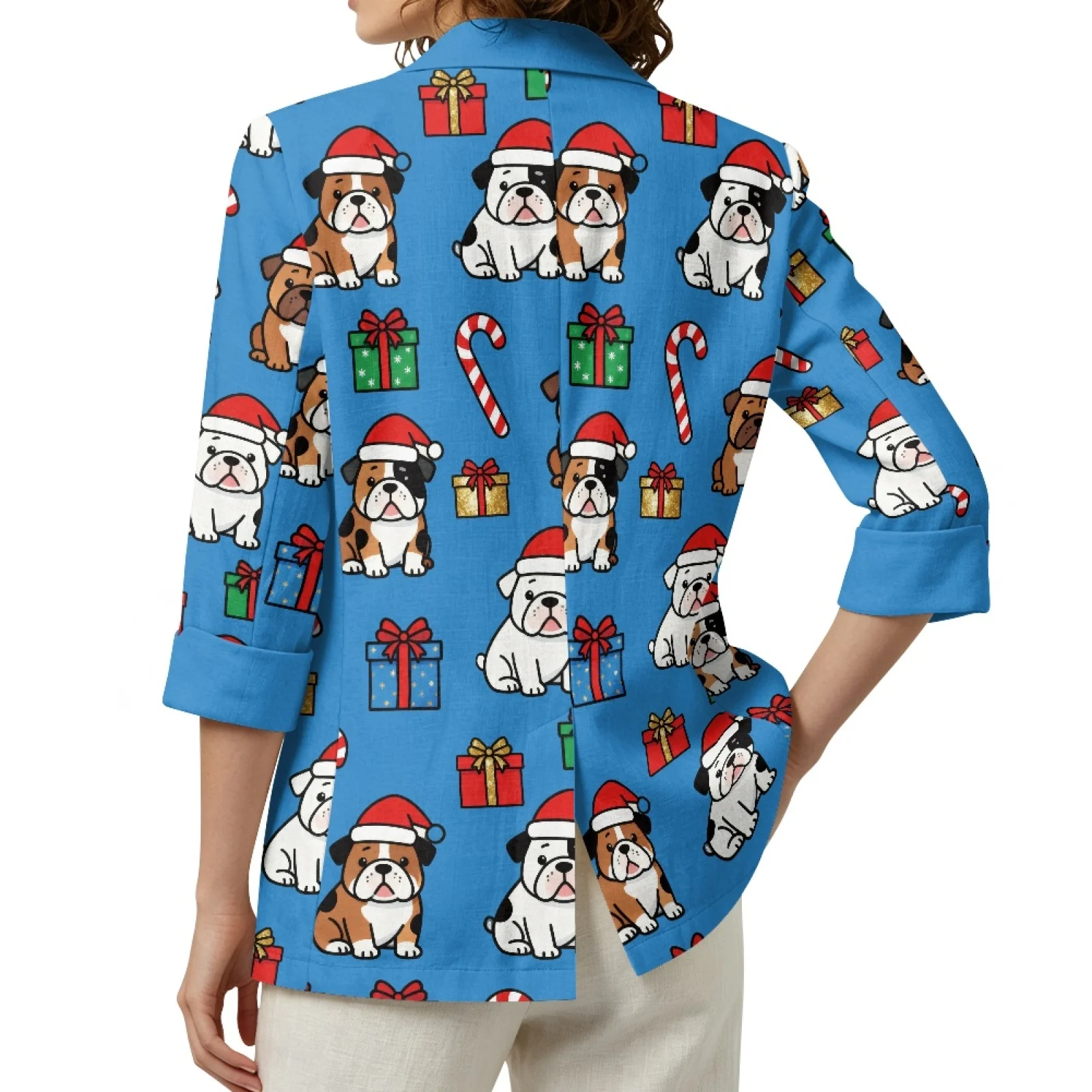 PENSTROLL Christmas Bulldog Print Lightweight Layering Tank Jacket for Work Linen Like Beach Cover Up Sizes S-3XL