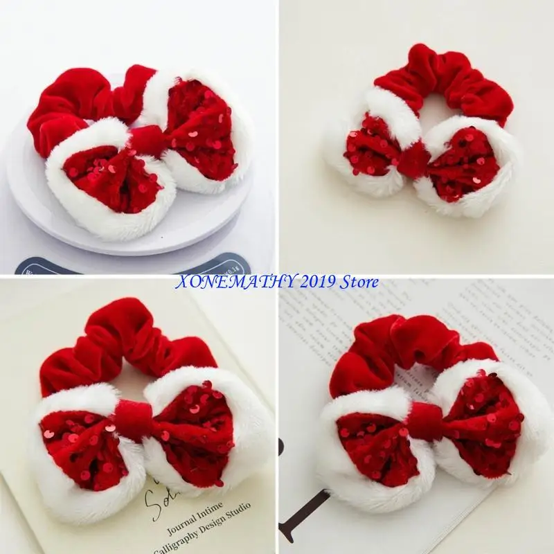 

F42F Fashionable Christmas Ponytail Holder Plushs Bowknots Hair Bands for Daily Wear