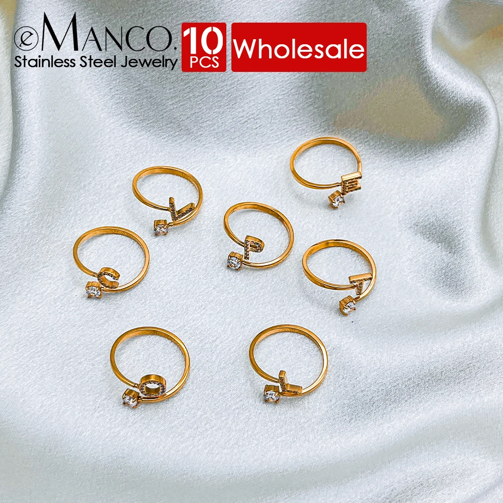 eManco 10PCS New Classic Gold-Plated Stainless Steel Shiny Zirconia A-Z 26 Letters Ring Ladies Fashion Jewelry Wholesale