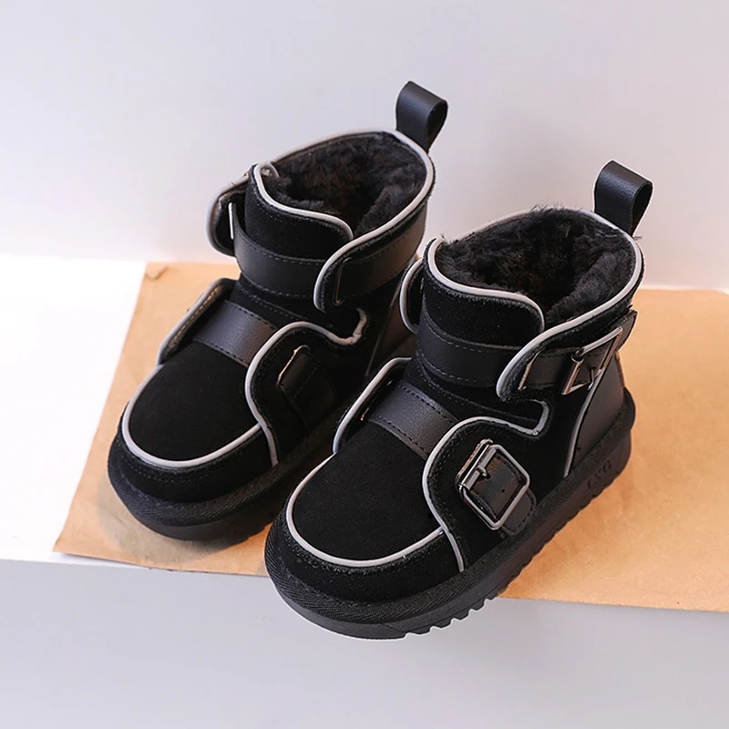 High Quality Children\'s Snow Boots Genuine Leather Winter New Boys Girls Suede Thick Plush Ankle Boots Kids Warm Shoes Size21-35