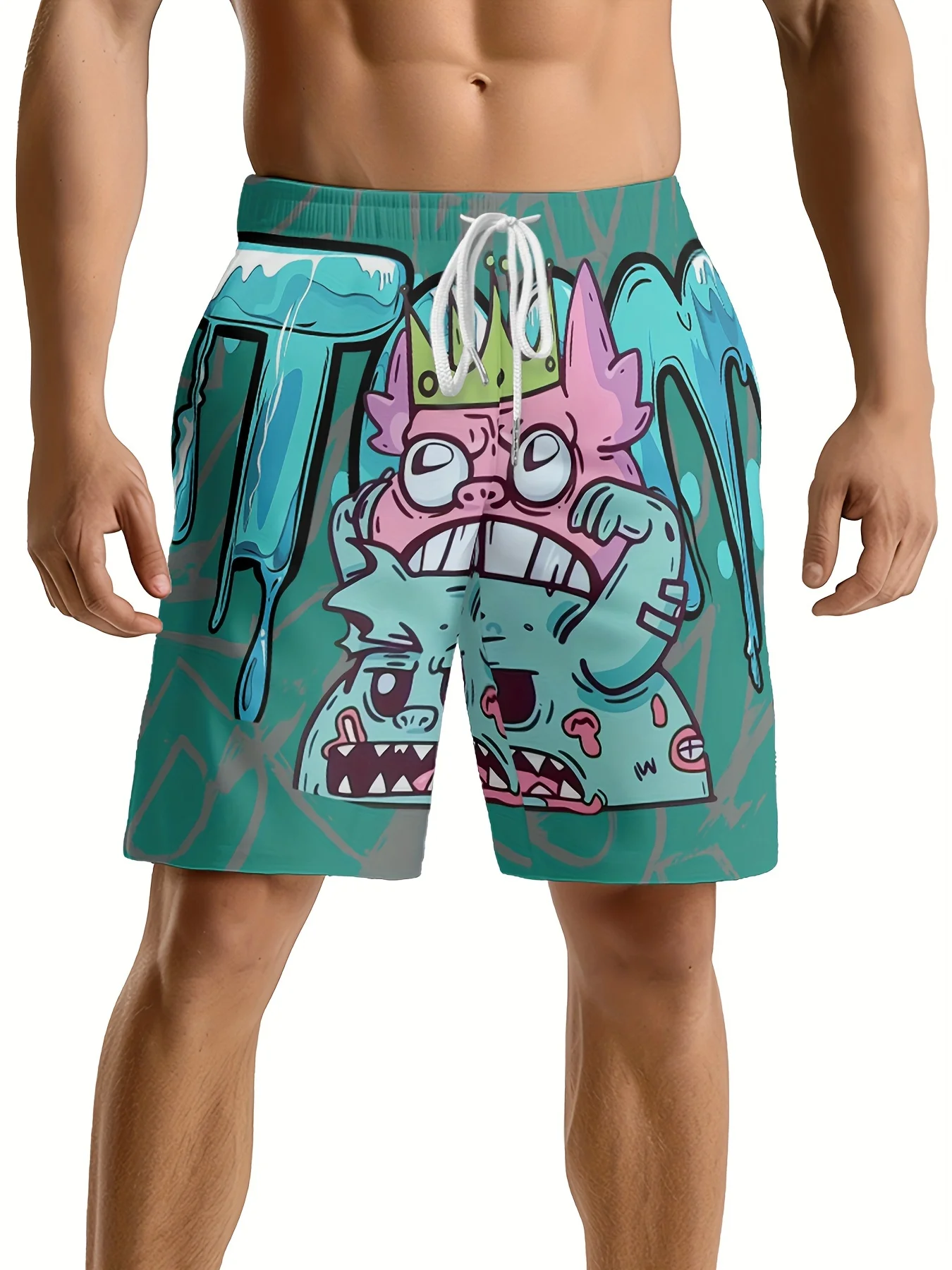 

Little Monsters Print Dark Green Waist Shorts For Men Quick Dry Breathable Polyester Sport Shorts Daily Streetwear Vacation