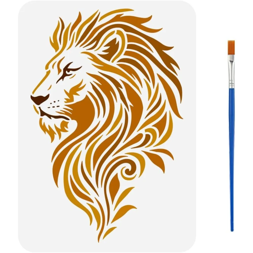 

Трафареты для рисования с узором льва и кистью 8,3x11,7 дюйма, пластиковый шаблон для рисования с изображением головы льва из ПЭТ, декоративное полое животное
