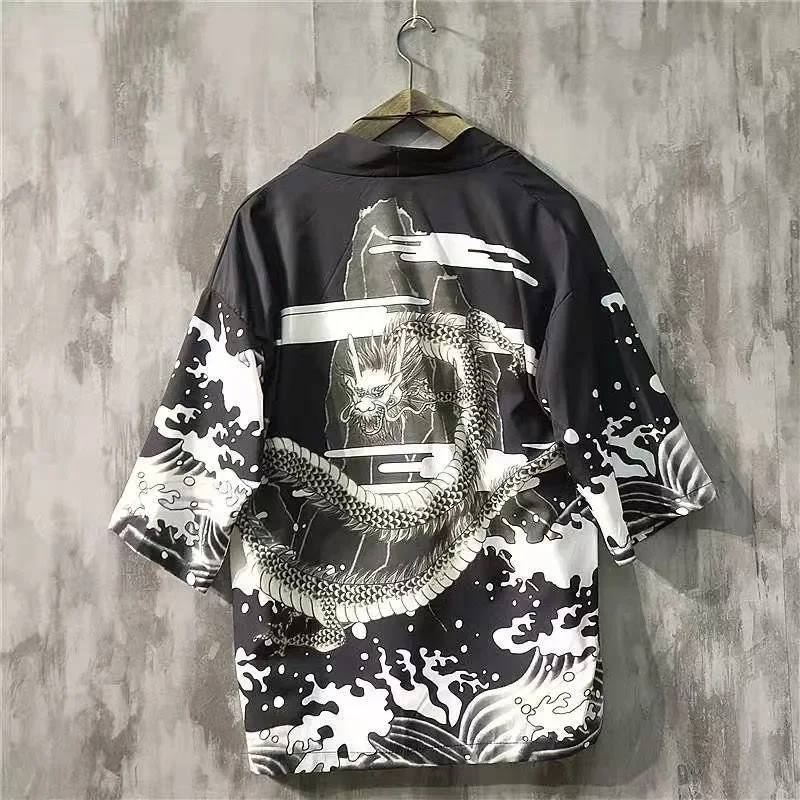 

National style short sleeve men's summer loose cardigan thin coat retro lovers's shirt printed cartoon top women summer clothes