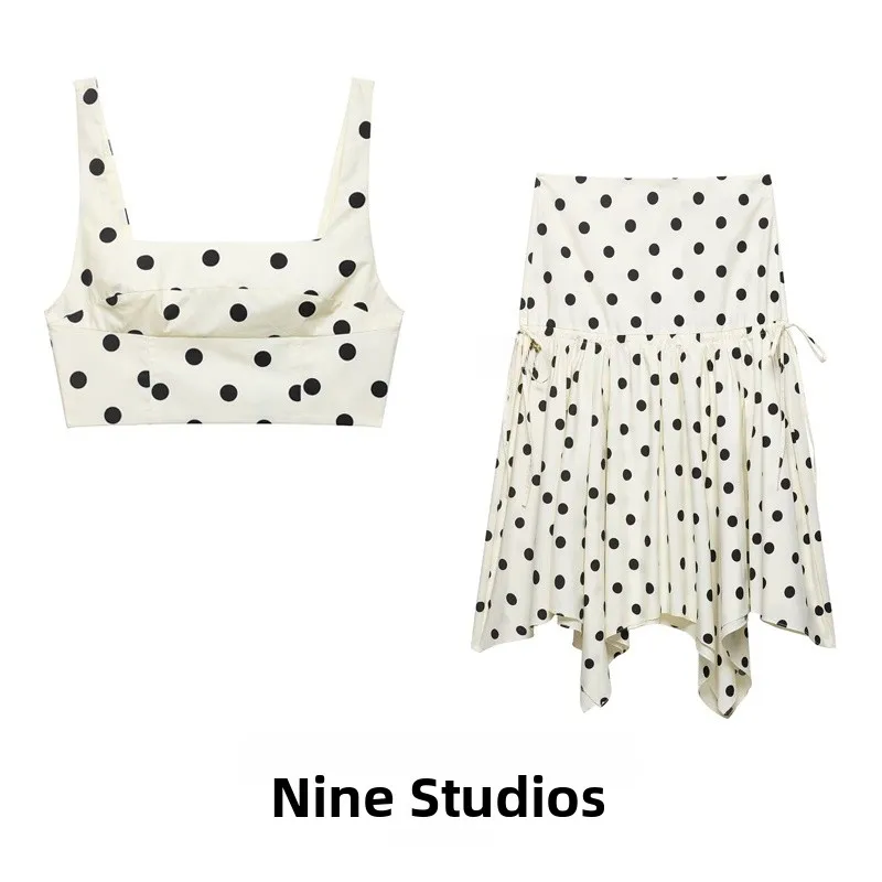 

Женский комплект NINE ZAR: укороченный топ в горошек и асимметричная юбка миди, весенний модный костюм-двойка с узлом, без рукавов