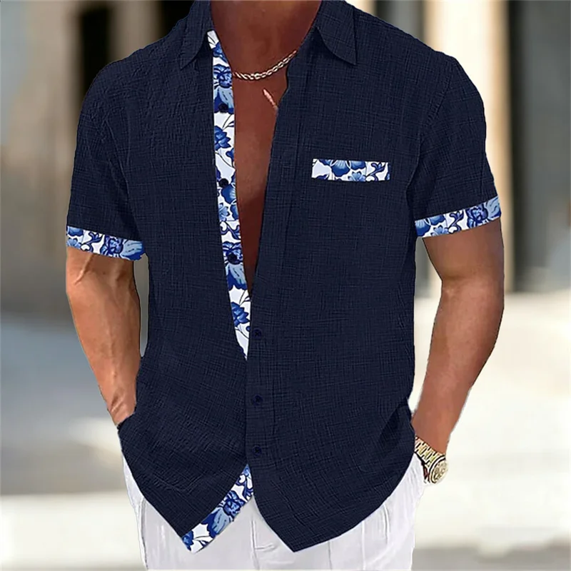 قميص رجالي بأكمام قصيرة من البورسلين باللونين الأزرق والأبيض، قميص كاجوال فضفاض من القطن والكتان قابل للتنفس، مقاسات XS-6XL #4