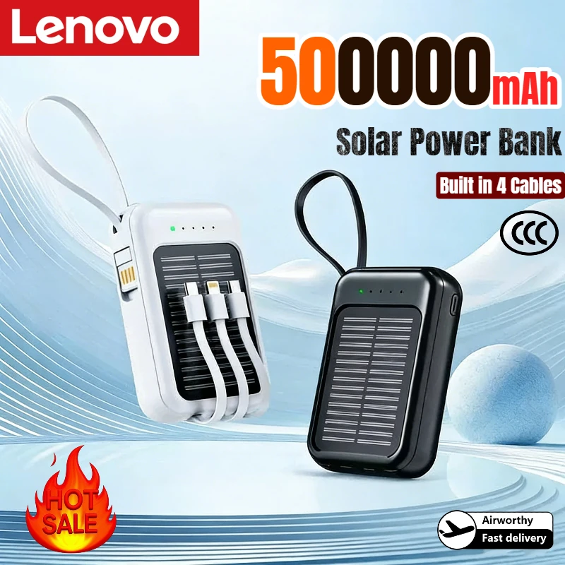 

Солнечный внешний аккумулятор Lenovo 500000 мАч, высокая емкость, быстрая зарядка, встроенные 4 кабеля, портативный аккумулятор для использования на улице, запасная батарея для всех телефонов
