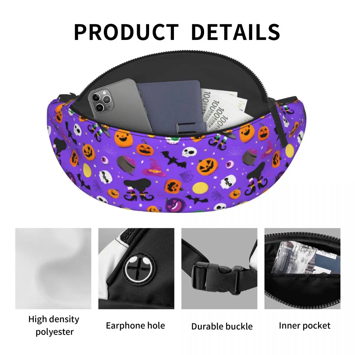 مخصص هالوين القرع أشباح الجماجم نمط فاني حقيبة مخصصة Crossbody الخصر حزمة النساء الرجال تشغيل الهاتف المال الحقيبة