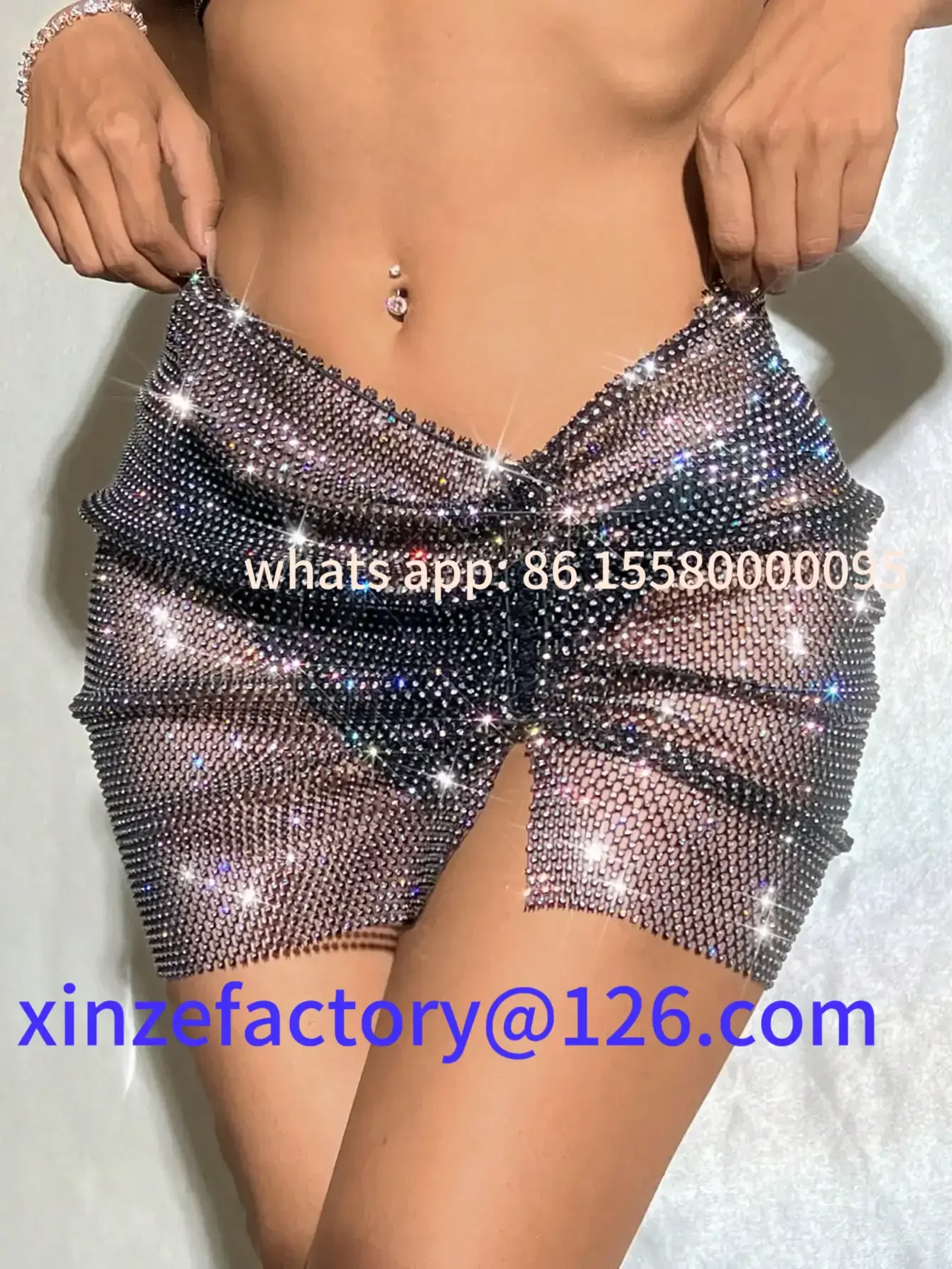 Customizable Rhinestone Fishnet Skirt For Women Sexy Hollow See Through Side Split