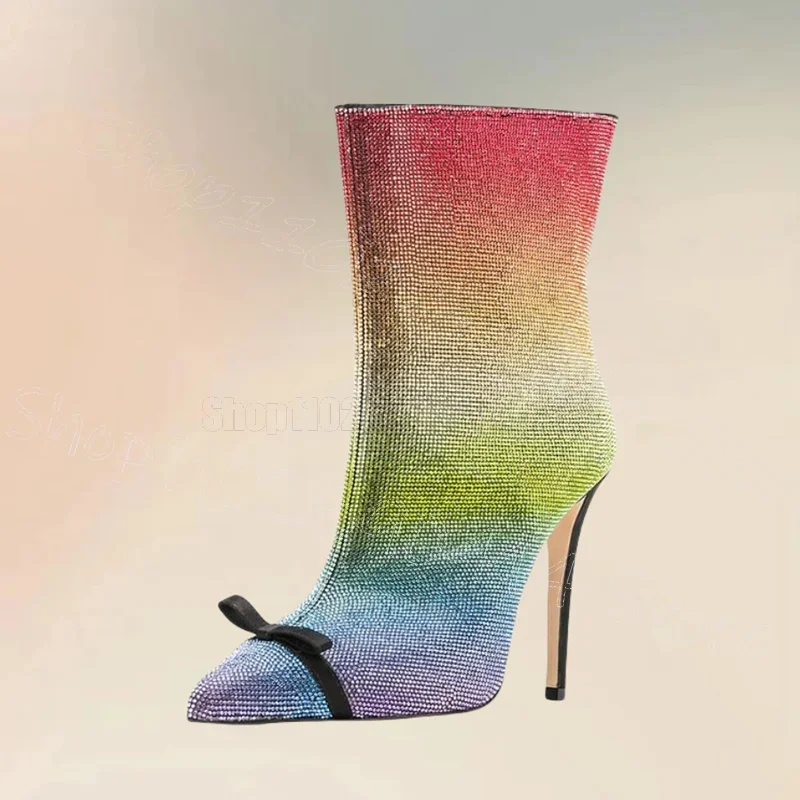 

Rainbow Color Rhinestone Bow Knot Boots Side Zipper Women Shoes Thin High Heels Pointy Toe Party Dating 2025 Zapatos Para Mujere