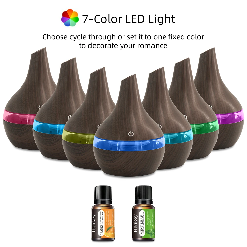 

300ml Wood Grain Humidifier & Essential Oil Diffuser USB Powered Desktop Hydration, Ultra Quiet Operation, Includes 2 Aroma Oils