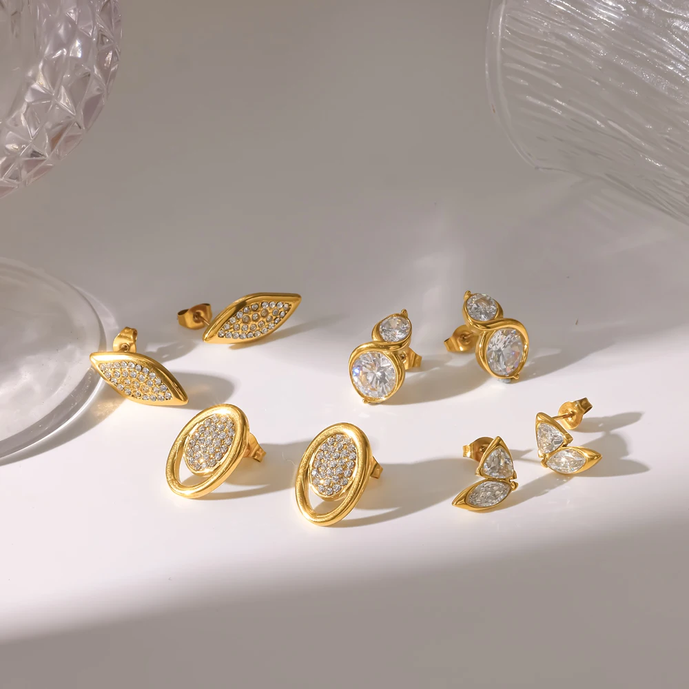 Women's Delicate Shiny Cubic Zirconia Geometric Stud Earrings Gold Color Stainless Steel Luxury Party Jewelry