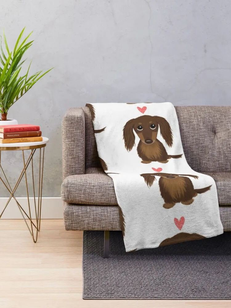 Longhaired Chocolate Dachshund | Cute Wiener Dog with Heart Throw Blanket Personalized Gift Hairy Blankets