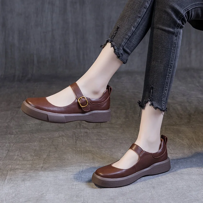 DRKANOL 2024 Shallow Loafers Women Casual Mary Janes Flat Shoes Ladies Real Cowhide Buckle Strap Single Shoes Big Size 35-43