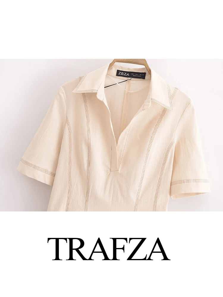 TRAFZA, moda para mujer, vestido plisado de manga corta ajustado con cuello tipo Polo liso, minivestido informal elegante de calle alta para mujer