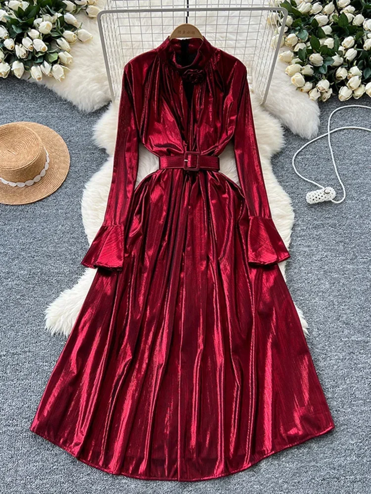 Party Dress 2024 Autumn New Green Red Gold Fashionable Elegant Flower Horn Sleeve Waist Metal Shiny Face Long Dress A211