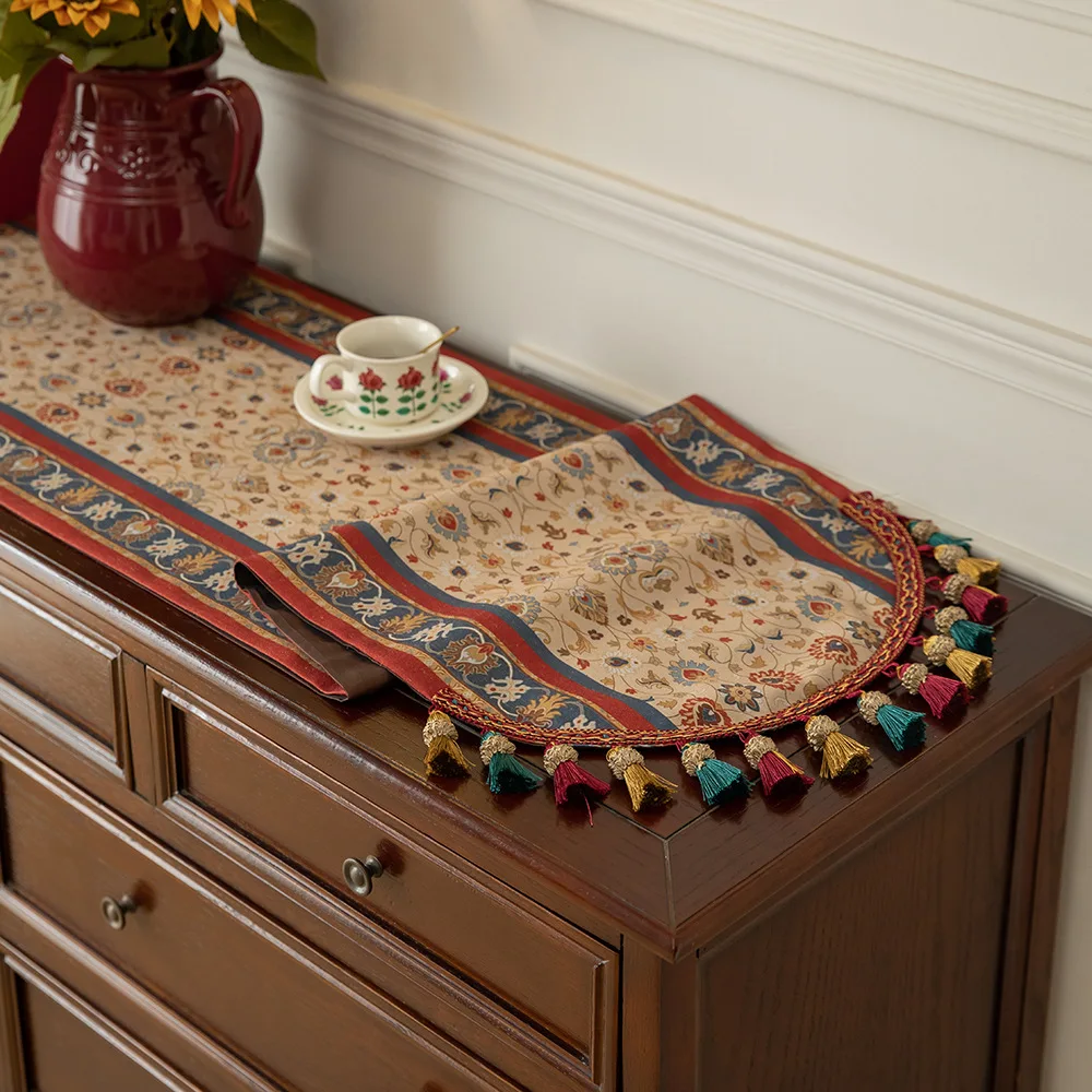 Retro Table Flag Tea Flag Cloth Fringed Long Table Cloth Restaurant Home Entrance Tablecloth Long Strip
