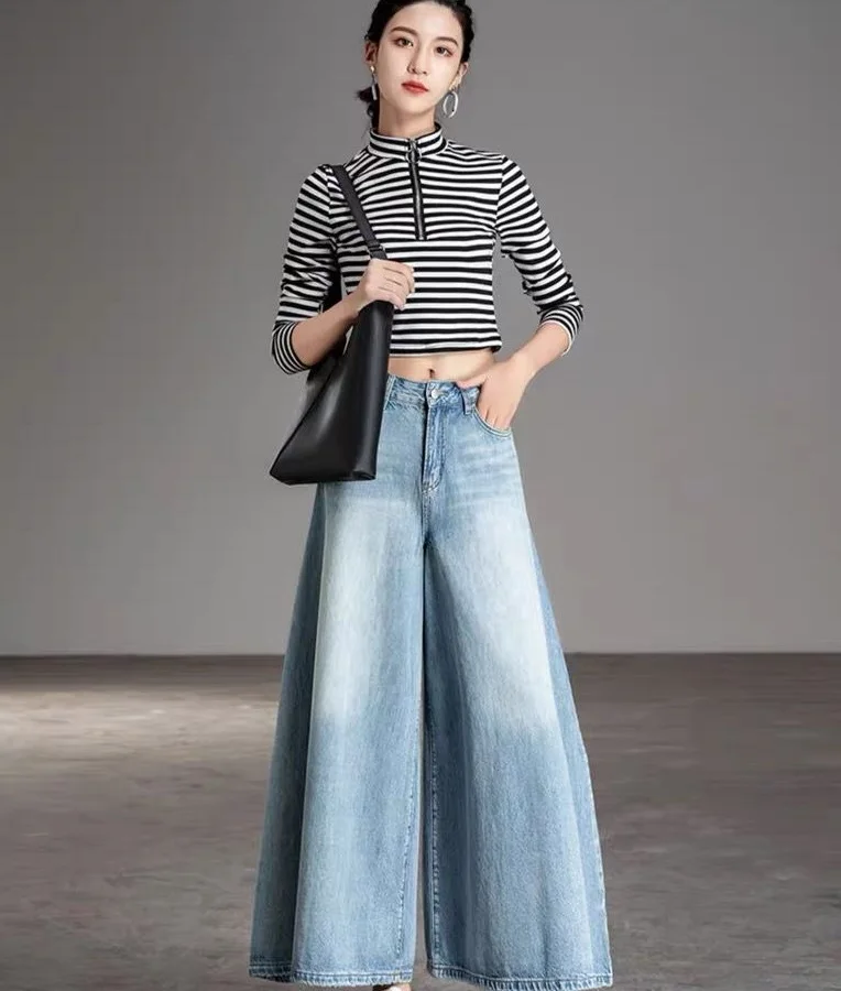 Jean Culottes High Waist Wide Leg Pants For Women Big Hem Culottes Washed Denim Pants Women's Baggy Jeans